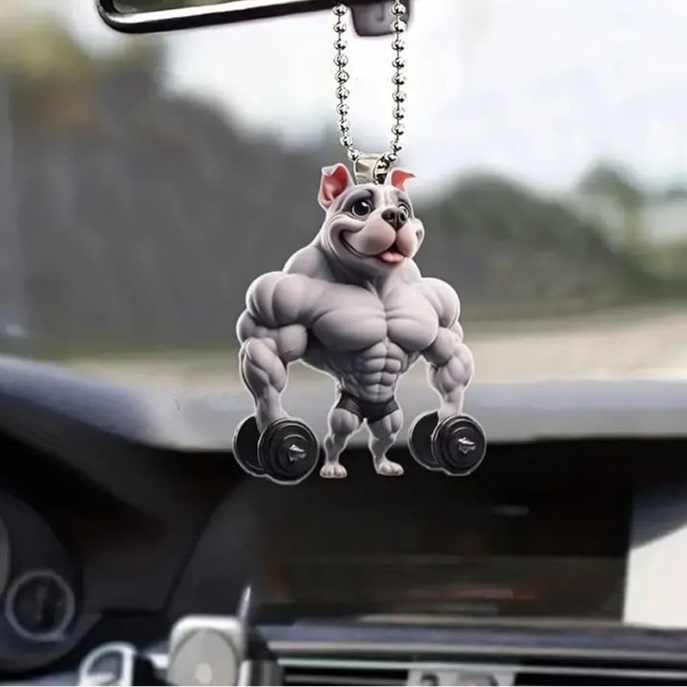 Muscular Dog 2D Acrylic Car Mirror Charm Ornament Zipper Pull Backpack Gym Bag
